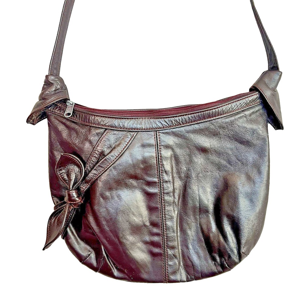 Vintage BAJA CALIFORNIA  Leather Shoulder‎ Bag Dark Burgundy Hobo with Bow